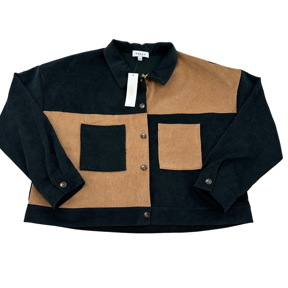 Gilli Colorblock Corduroy Cropped Shirt Jacket Button Front Pockets NEW Women L